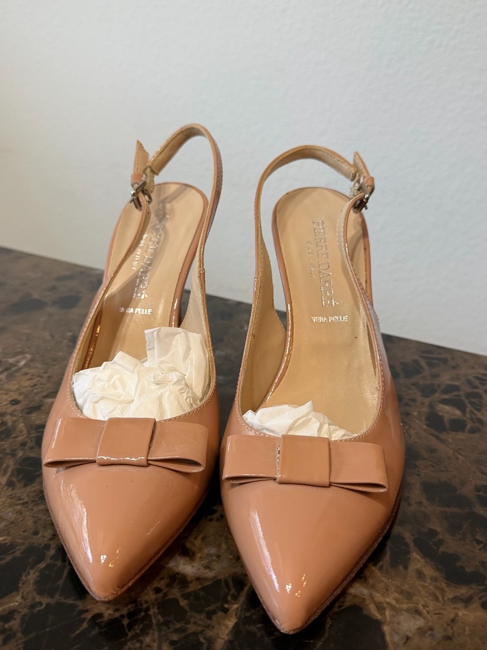 Nude Pink Patent Slingback Pumps with Bow Accent